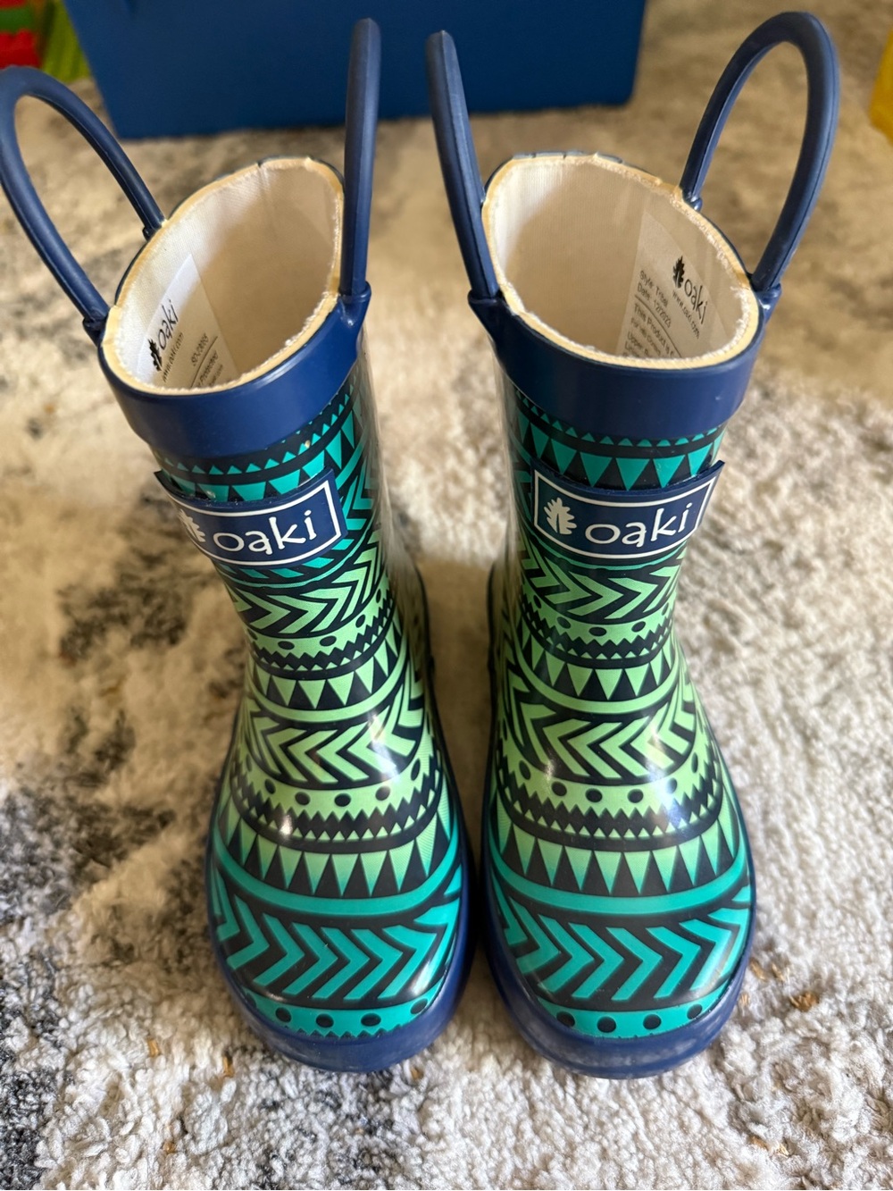 Oaki Kids Green & Teal Geometric Rain Boots with Pull Handles